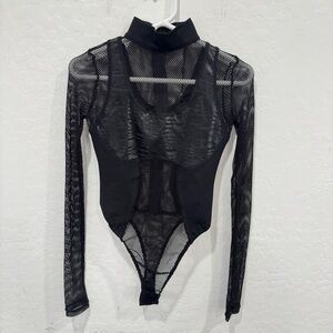 Maniere De Voir Black Mesh Bodysuit Womens European 10 Long Sleeve Festival Goth